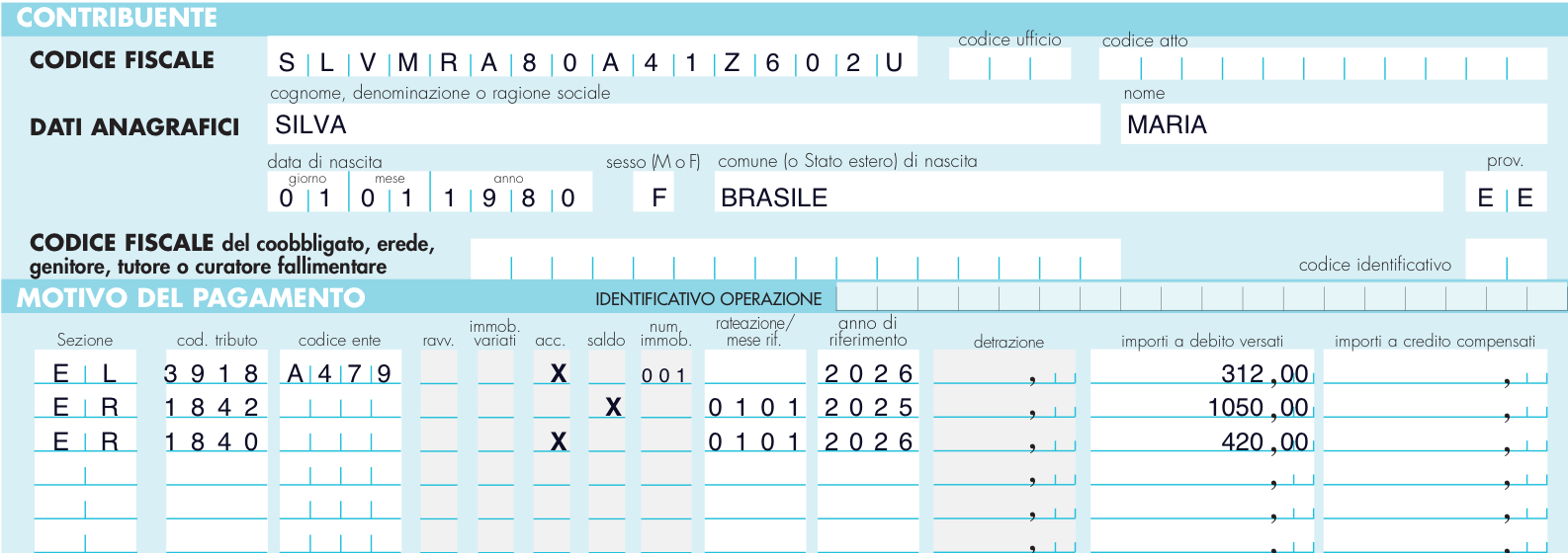 Simplified F24 form filled in by the Brasilità app: IMU and cedolare secca with codes, years and amounts