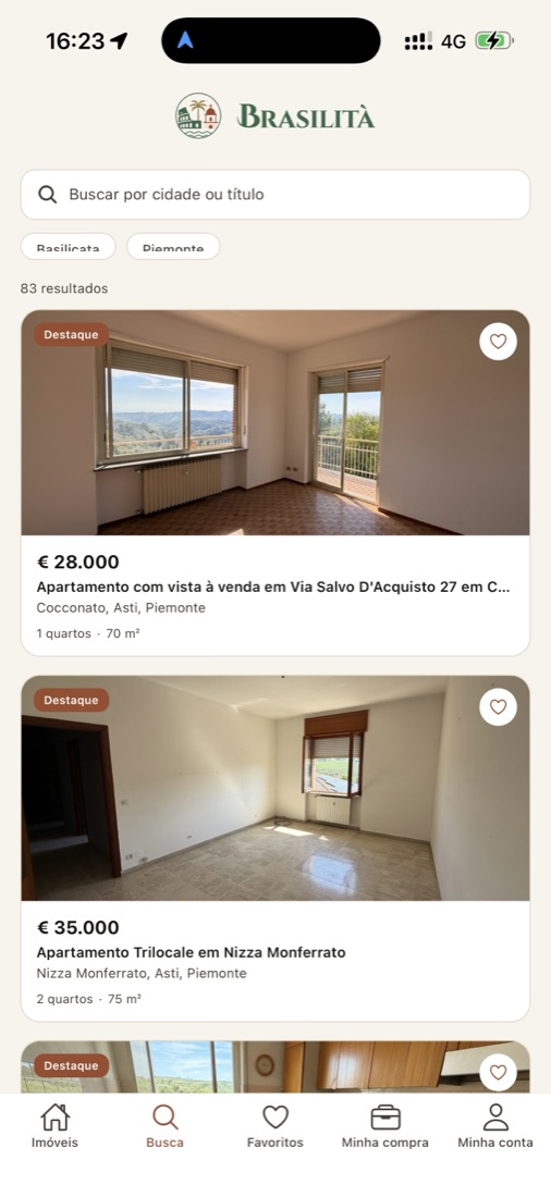Busca de imóveis na Itália no app da Brasilità