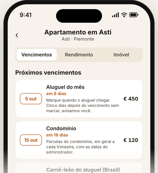 Tela do app com os próximos vencimentos de um apartamento em Asti: aluguel e condomínio